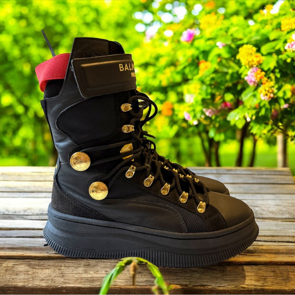 Puma X Balmain Black Leather Deva Straps Boots With Gold Accents, Size 6.5